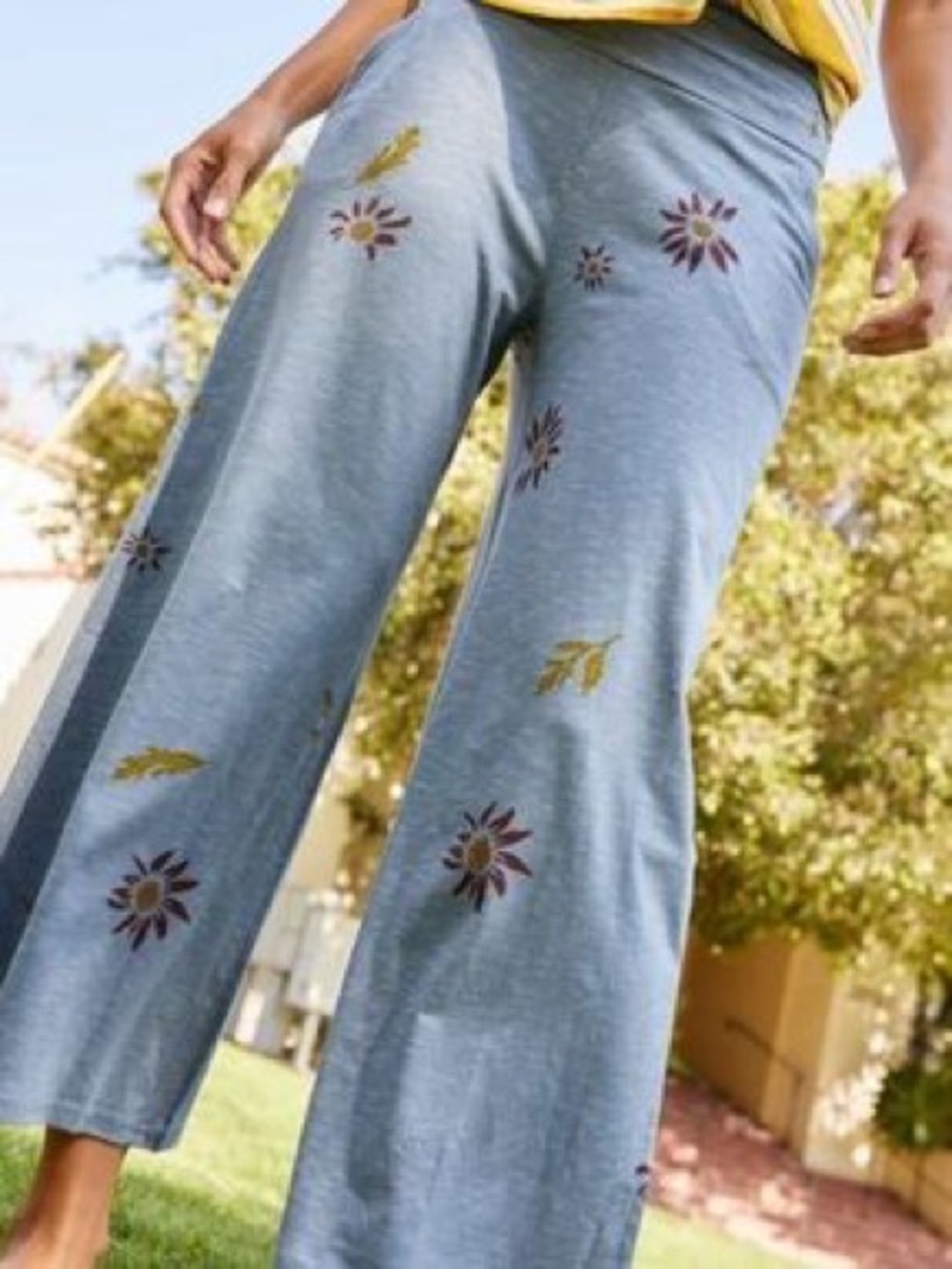 Toad&Co Chaka Pants Heather Gray Floral & Leaf Embroidered Wide Leg Cropped XS